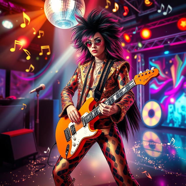 An imaginative and abstract interpretation of the concept inspired by the iconic glam rock aesthetic of the 1970s, featuring vibrant colors, sequins, and electric guitars