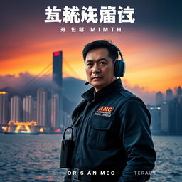 A dramatic movie poster featuring an Assistance Marine Controller (AMC) standing at the forefront, wearing a futuristic uniform and headset