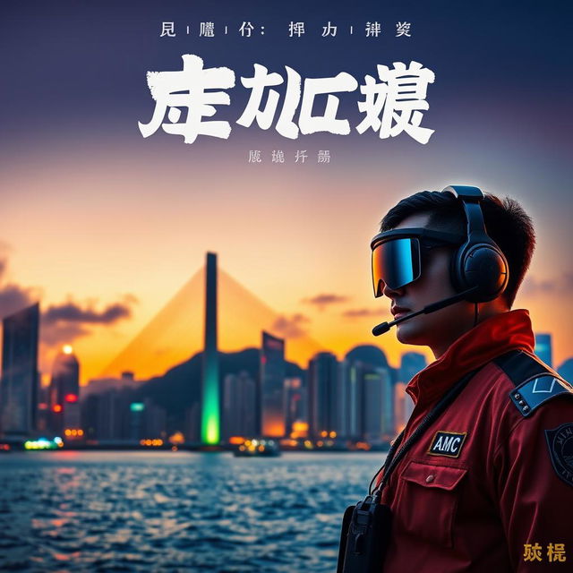 A dramatic movie poster featuring an Assistance Marine Controller (AMC) standing at the forefront, wearing a futuristic uniform and headset