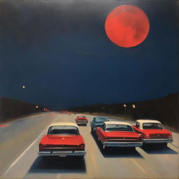 An oil painting showcasing a nighttime scene, with red taillights of cars lined up on a highway leading towards an unknown destination and a massive full moon illuminating the scene