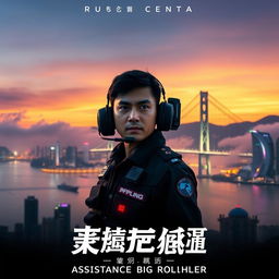 A dramatic movie poster featuring an Assistance Marine Controller (AMC) standing at the forefront, wearing a futuristic uniform and headset