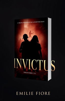 A dark and mysterious book cover design for 'INVICTUS' by Emilie Fiore, featuring elements that represent soldiers and a love triangle involving two men and one woman