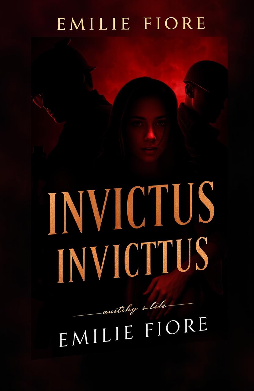 A dark and mysterious book cover design for 'INVICTUS' by Emilie Fiore, featuring elements that represent soldiers and a love triangle involving two men and one woman