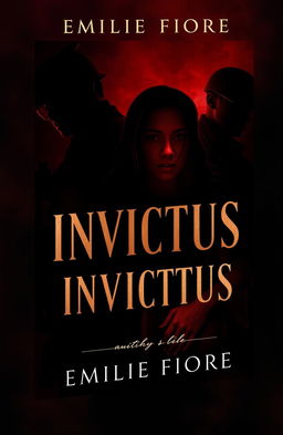 A dark and mysterious book cover design for 'INVICTUS' by Emilie Fiore, featuring elements that represent soldiers and a love triangle involving two men and one woman