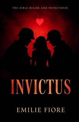 A dark and mysterious book cover design for 'INVICTUS' by Emilie Fiore, featuring elements that represent soldiers and a love triangle involving two men and one woman