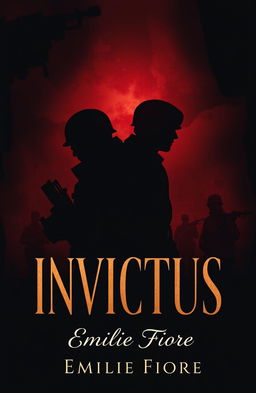A dark and mysterious book cover design for 'INVICTUS' by Emilie Fiore, featuring elements that represent soldiers and a love triangle involving two men and one woman