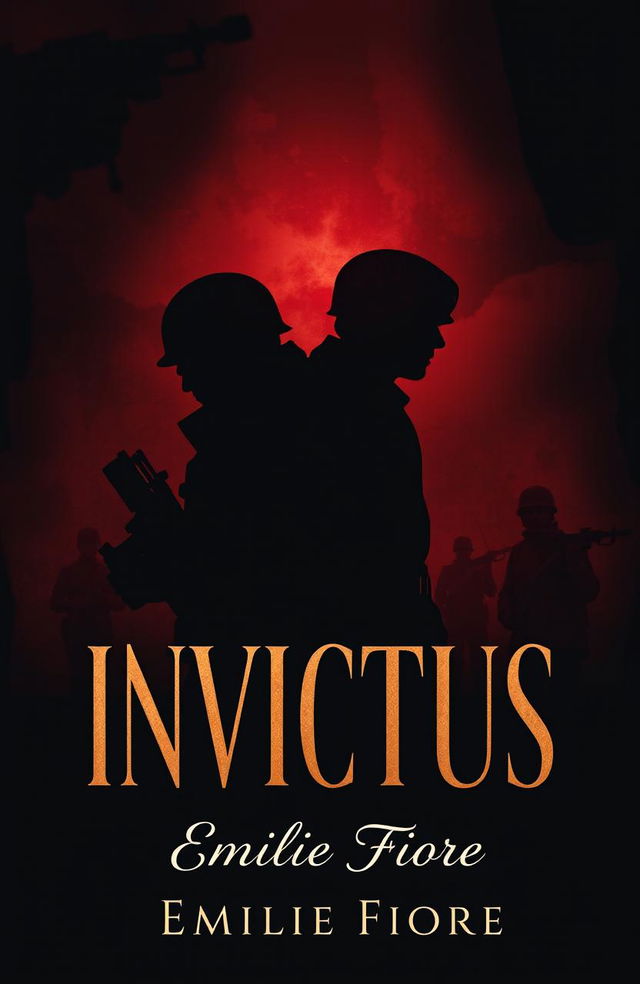 A dark and mysterious book cover design for 'INVICTUS' by Emilie Fiore, featuring elements that represent soldiers and a love triangle involving two men and one woman