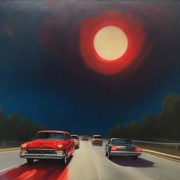 An oil painting showcasing a nighttime scene, with red taillights of cars lined up on a highway leading towards an unknown destination and a massive full moon illuminating the scene