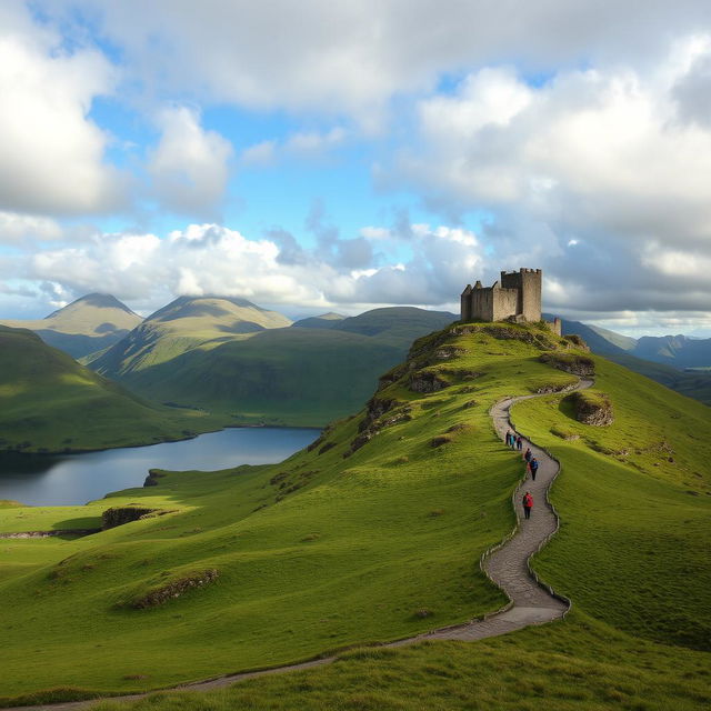 A breathtaking landscape of the Scottish Highlands, featuring rolling green hills under a dramatic sky with scattered clouds