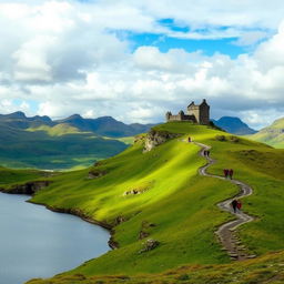 A breathtaking landscape of the Scottish Highlands, featuring rolling green hills under a dramatic sky with scattered clouds