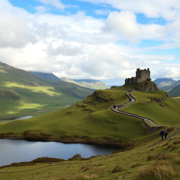 A breathtaking landscape of the Scottish Highlands, featuring rolling green hills under a dramatic sky with scattered clouds