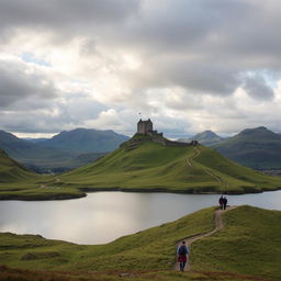 A breathtaking landscape of the Scottish Highlands, featuring rolling green hills under a dramatic sky with scattered clouds