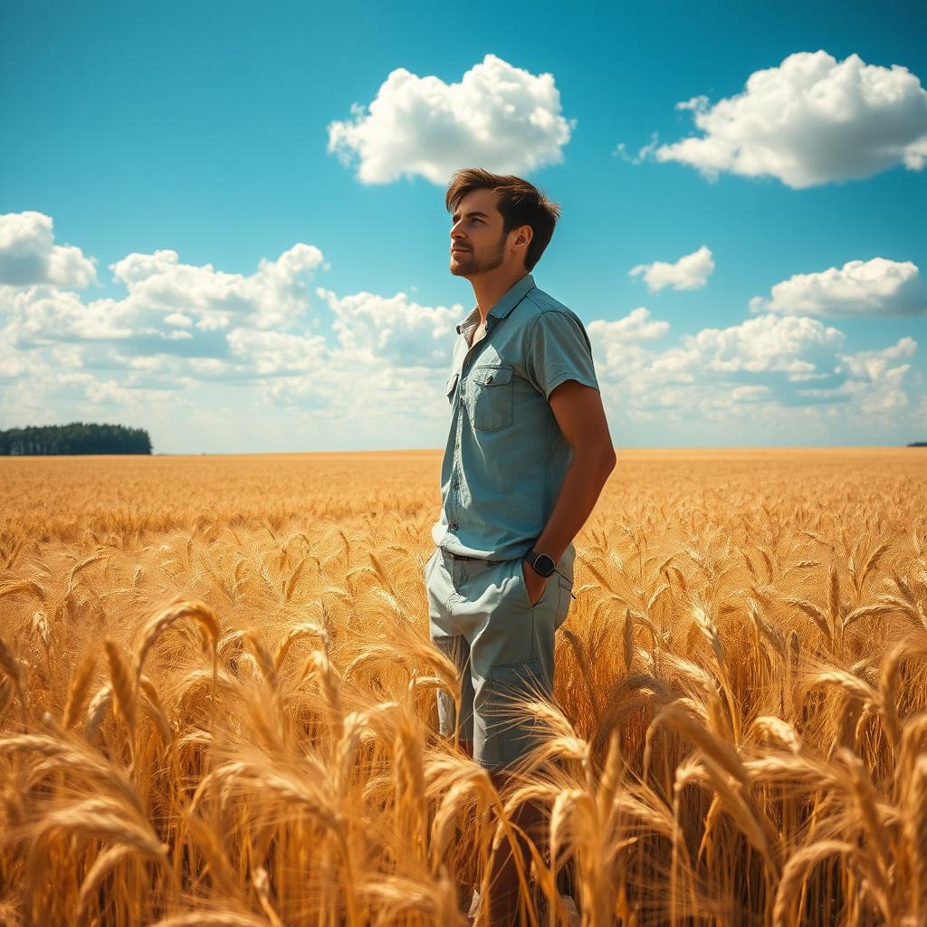 A captivating image of a person lost in a vast field, showcasing a sea of golden wheat swaying in the gentle breeze