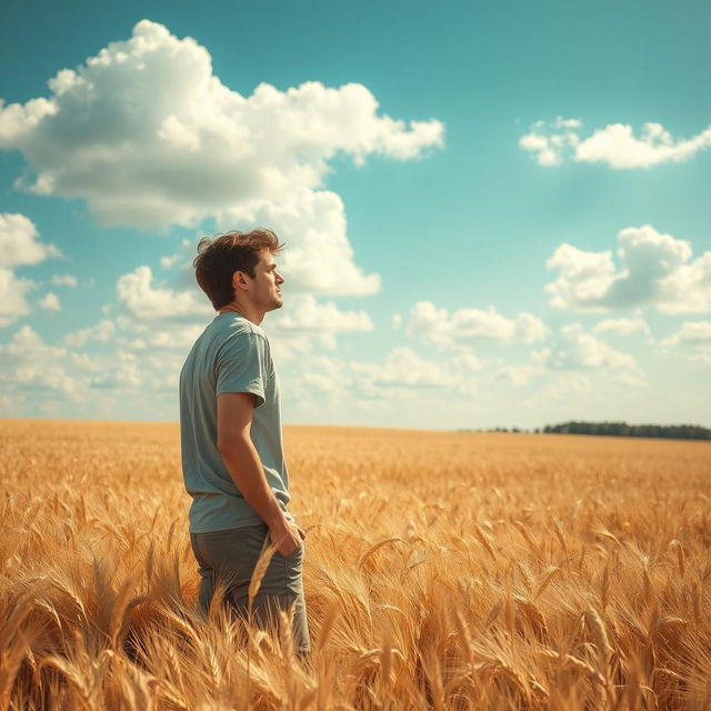 A captivating image of a person lost in a vast field, showcasing a sea of golden wheat swaying in the gentle breeze