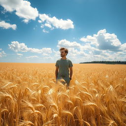 A captivating image of a person lost in a vast field, showcasing a sea of golden wheat swaying in the gentle breeze