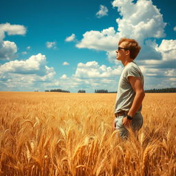A captivating image of a person lost in a vast field, showcasing a sea of golden wheat swaying in the gentle breeze