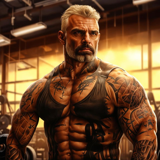 Hyper-realistic digital portrait of bodybuilder Rich Piana in a gym setting with detailed depiction of his muscular physique and tattoos