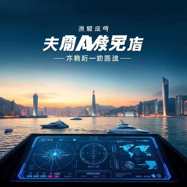 A dynamic movie poster featuring a futuristic Assistance Marine Controller (AMC) software interface, set against the backdrop of the iconic Hong Kong Harbour