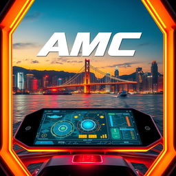 A dynamic movie poster featuring a futuristic Assistance Marine Controller (AMC) software interface, set against the backdrop of the iconic Hong Kong Harbour