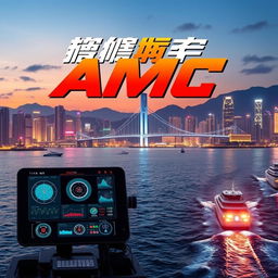 A dynamic movie poster featuring a futuristic Assistance Marine Controller (AMC) software interface, set against the backdrop of the iconic Hong Kong Harbour