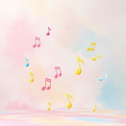 A vibrant pastel-colored background featuring soft pinks, blues, and yellows, with whimsical and colorful music notes dancing across the scene