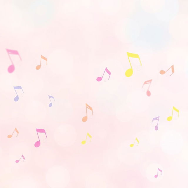A vibrant pastel-colored background featuring soft pinks, blues, and yellows, with whimsical and colorful music notes dancing across the scene