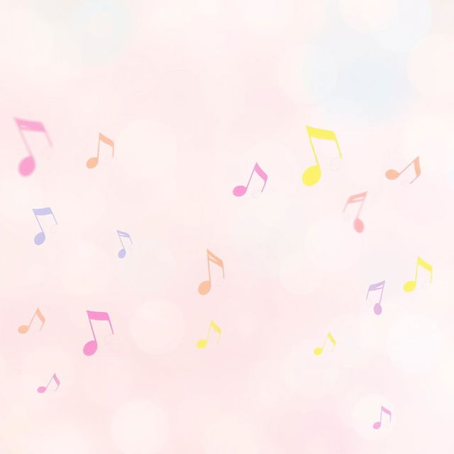 A vibrant pastel-colored background featuring soft pinks, blues, and yellows, with whimsical and colorful music notes dancing across the scene