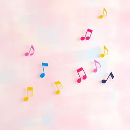 A vibrant pastel-colored background featuring soft pinks, blues, and yellows, with whimsical and colorful music notes dancing across the scene