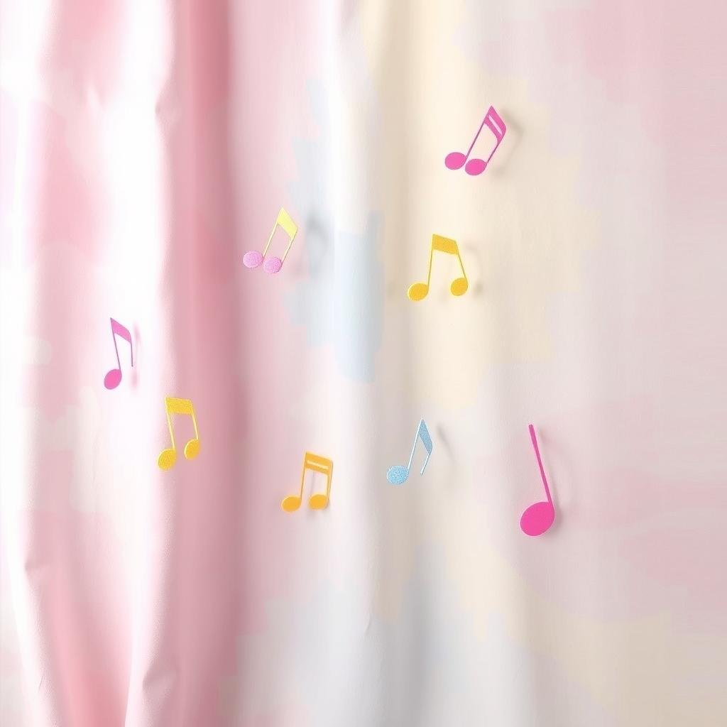 A vibrant pastel-colored background featuring soft pinks, blues, and yellows, with whimsical and colorful music notes dancing across the scene