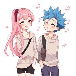 An adorable anime couple standing side by side, surrounded by a soft pastel-colored background