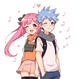 An adorable anime couple standing side by side, surrounded by a soft pastel-colored background