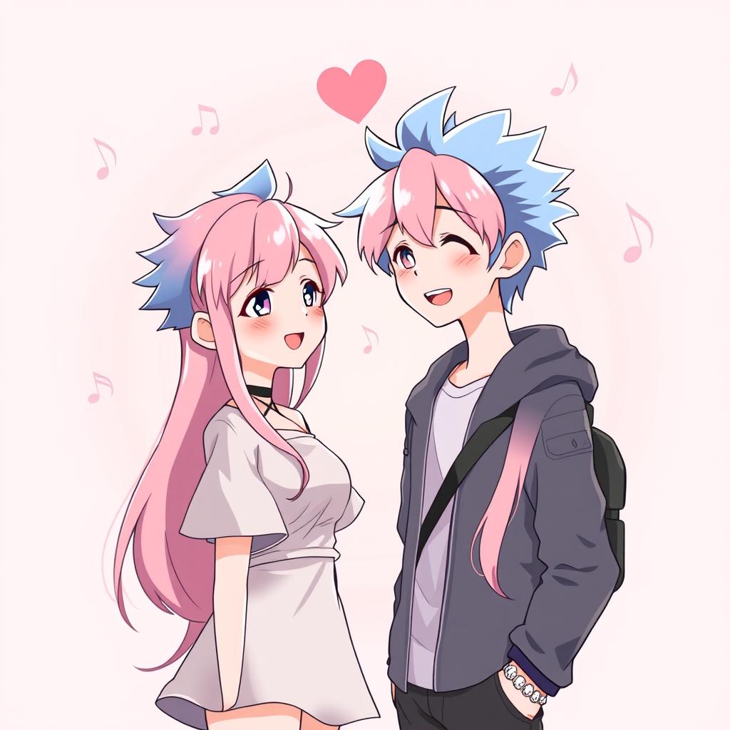 An adorable anime couple standing side by side, surrounded by a soft pastel-colored background