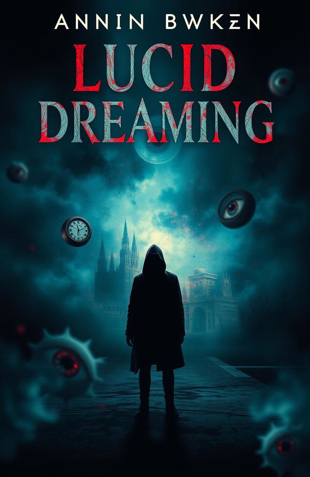 A gripping fiction cover for a horror novel about lucid dreaming, featuring an ethereal dreamscape where the boundaries of reality blur