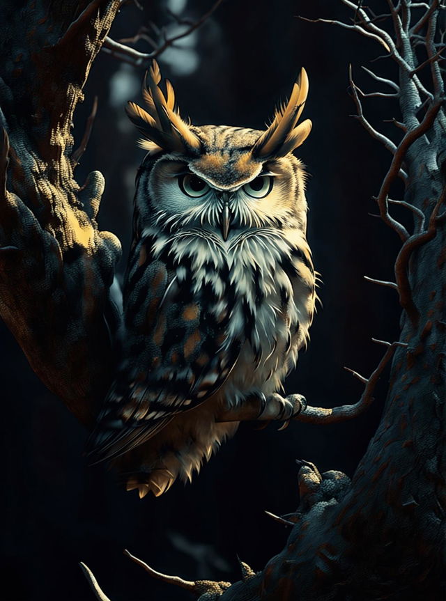 Digital art of a Great Horned Owl perched on an ancient oak tree in a moonlit forest.