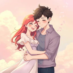 A beautifully illustrated anime adult couple enjoying a moment together, with an ethereal pastel background filled with soft clouds and whimsical music notes floating around them