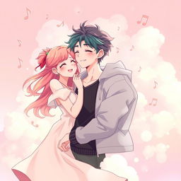 A beautifully illustrated anime adult couple enjoying a moment together, with an ethereal pastel background filled with soft clouds and whimsical music notes floating around them