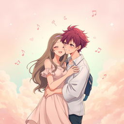 A beautifully illustrated anime adult couple enjoying a moment together, with an ethereal pastel background filled with soft clouds and whimsical music notes floating around them