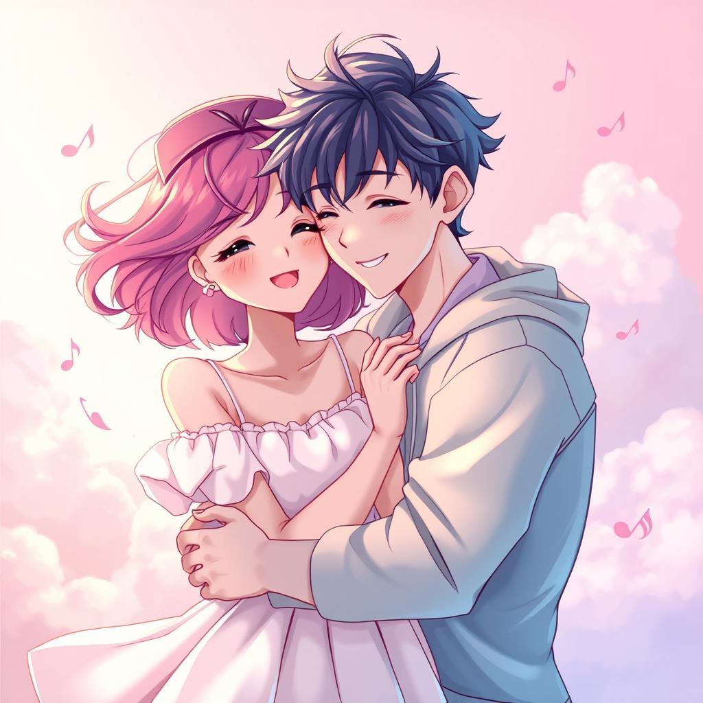 A beautifully illustrated anime adult couple enjoying a moment together, with an ethereal pastel background filled with soft clouds and whimsical music notes floating around them