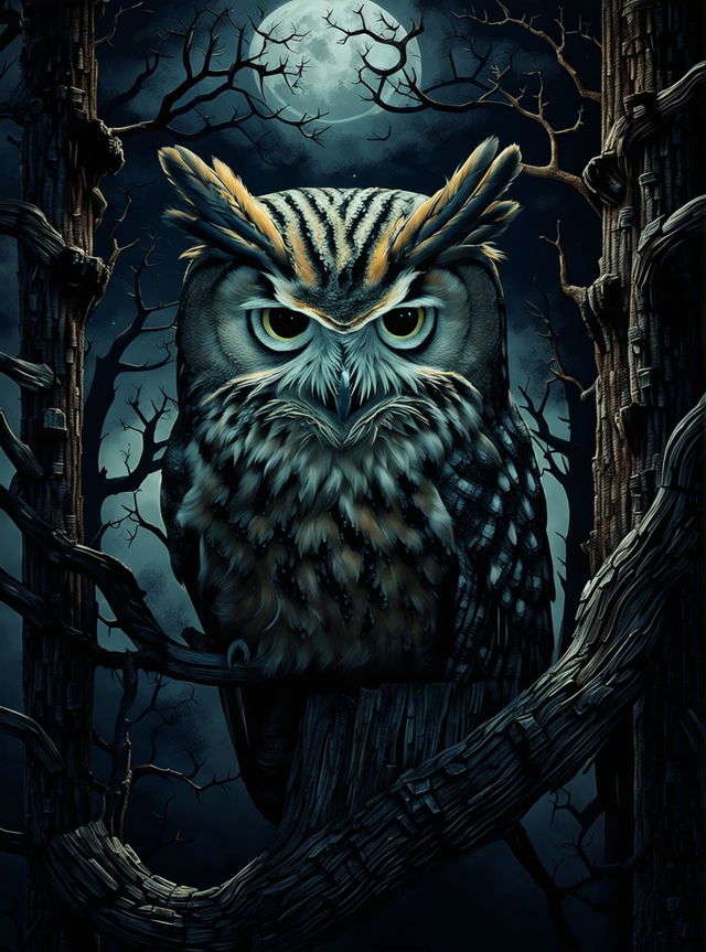 A wallpaper design featuring a Great Horned Owl perched on an ancient oak tree in a moonlit forest.