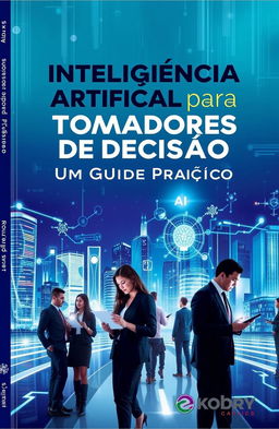 A visually engaging cover for a practical guide on artificial intelligence for decision-makers, featuring a futuristic cityscape with digital elements symbolizing AI technology, like glowing data streams and holographic interfaces