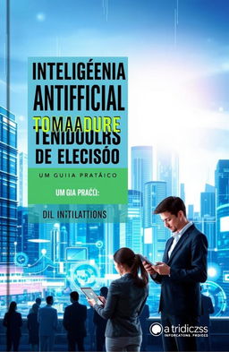 A visually engaging cover for a practical guide on artificial intelligence for decision-makers, featuring a futuristic cityscape with digital elements symbolizing AI technology, like glowing data streams and holographic interfaces
