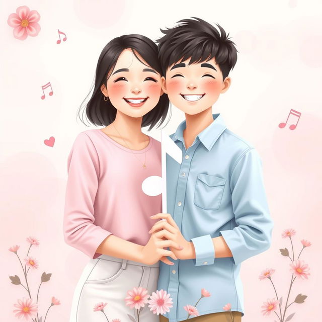 A cute teen couple standing together, surrounded by a soft pastel-colored background