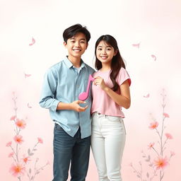 A cute teen couple standing together, surrounded by a soft pastel-colored background