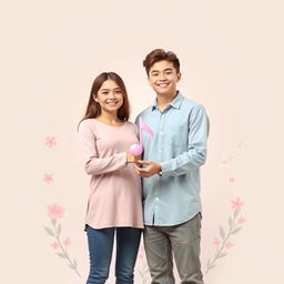 A cute teen couple standing together, surrounded by a soft pastel-colored background