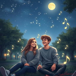 A romantic scene depicting a teenage couple sitting together under a beautiful starry sky, surrounded by floating musical notes