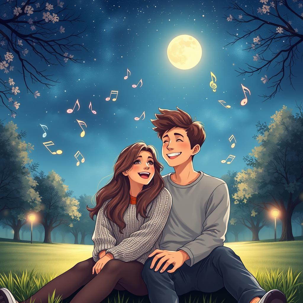 A romantic scene depicting a teenage couple sitting together under a beautiful starry sky, surrounded by floating musical notes