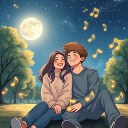 A romantic scene depicting a teenage couple sitting together under a beautiful starry sky, surrounded by floating musical notes