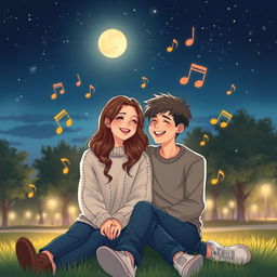 A romantic scene depicting a teenage couple sitting together under a beautiful starry sky, surrounded by floating musical notes