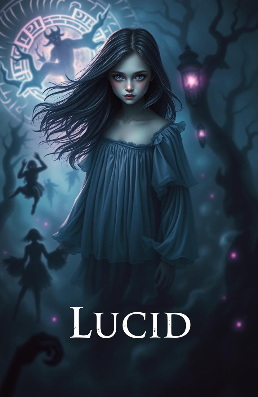 A horror-themed book cover featuring a girl named Lucid, who embodies the essence of dreams