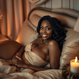 A beautiful black woman lounging in a luxurious bed, exuding confidence and allure